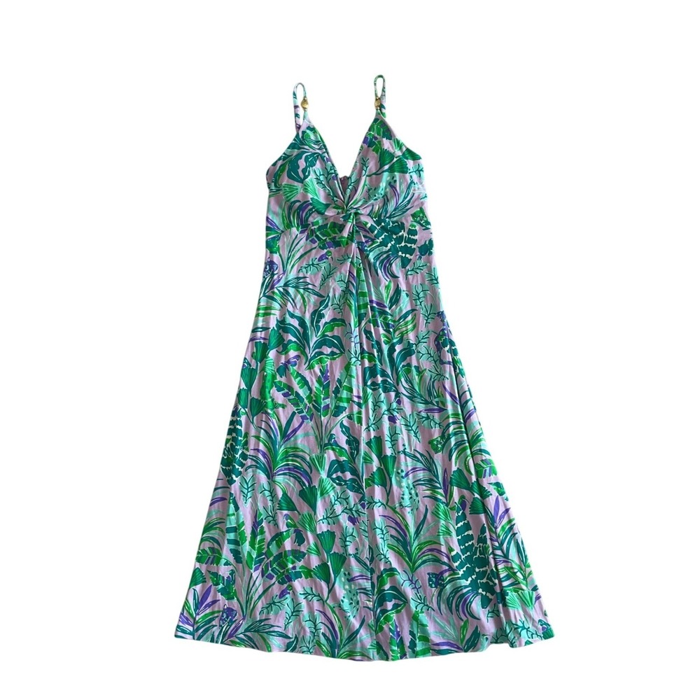 Lilly Pulitzer Tropical Palm Print Twist Front Midi Dress Purple Green Size S